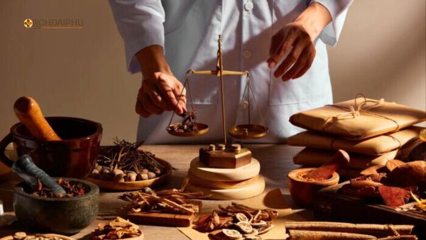 Thầy thuốc Đông y cân thảo dược để bốc thuốc điều trị bệnh lậu ở nam giới. Đơn thuốc đông y chữa bệnh lậu ở nam giới