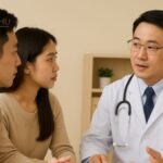 Bác sĩ người châu Á tư vấn sức khỏe và bệnh lậu cho cặp đôi nam nữ tại phòng khám ở Hà Nội.