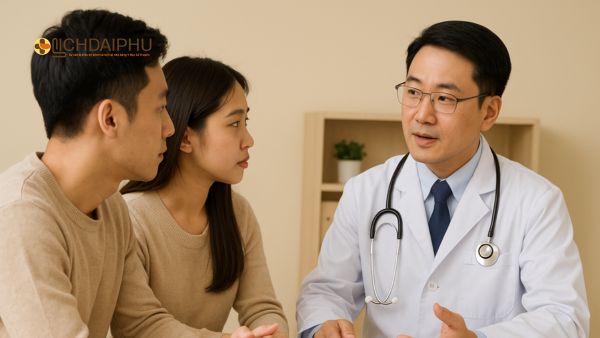 Bác sĩ người châu Á tư vấn sức khỏe và bệnh lậu cho cặp đôi nam nữ tại phòng khám ở Hà Nội.